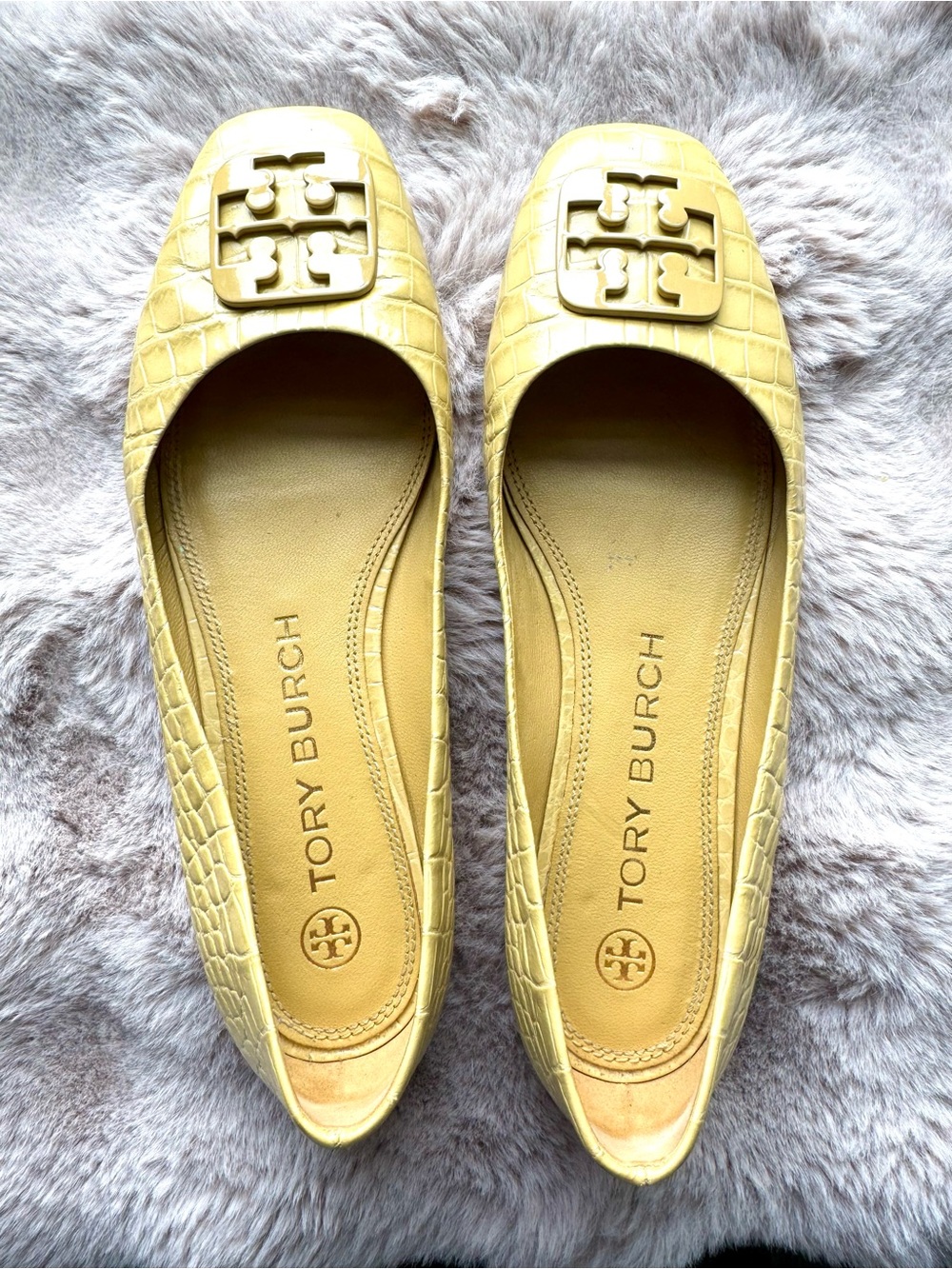 Tory Burch Pale Yellow Croc-Embossed Logo Ballet Flats
